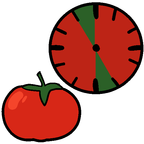  A drawing of a tomato next to a clock. The clock is blocked red for twenty five minutes, and green for the five minutes after.